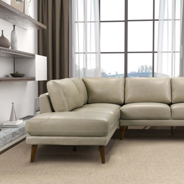 Leather Sectional Chaise Sofa L-Shape 97” – Benson Mid-Century Genuine Leather Sectional (2 Colors) in living room setting.