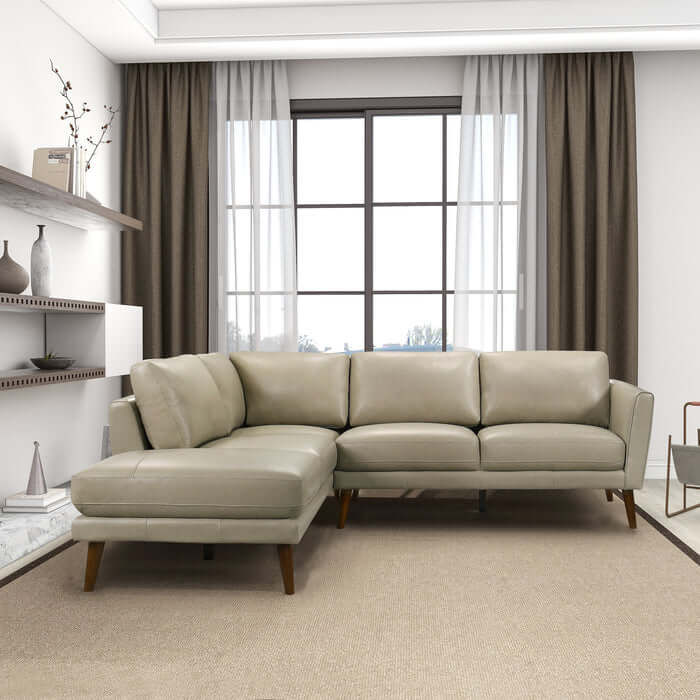 Leather Sectional Chaise Sofa L-Shape 97” – Benson Mid-Century Genuine Leather Sectional (2 Colors) in a modern living room.
