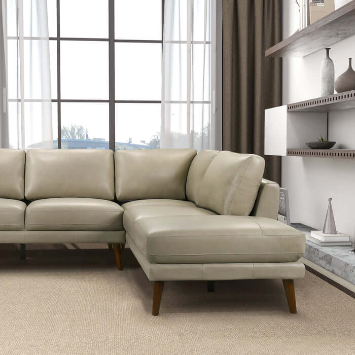 Leather Sectional Chaise Sofa L-Shape 97” – Benson Mid-Century Genuine Leather Sectional (2 Colors) in light gray.