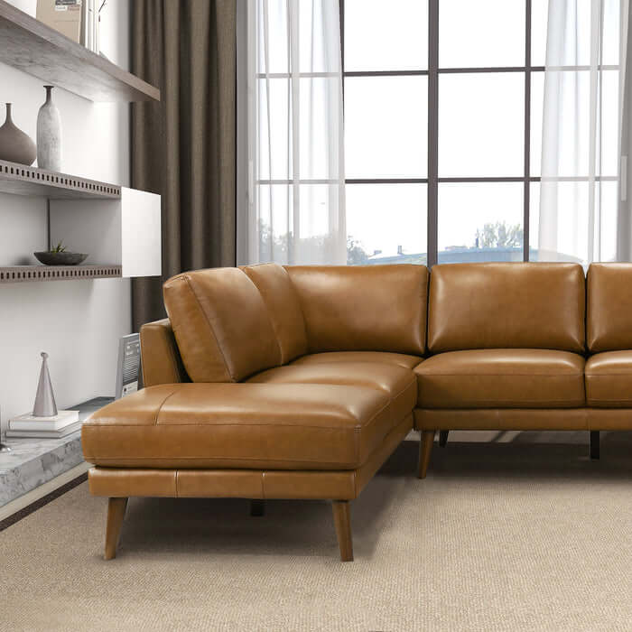 Leather Sectional Chaise Sofa L-Shape 97” – Benson Mid-Century Genuine Leather Sectional (2 Colors) in a stylish living room.