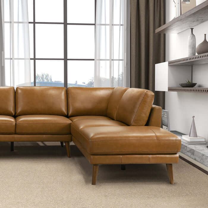 Leather Sectional Chaise Sofa L-Shape 97” – Benson Mid-Century Genuine Leather Sectional (2 Colors) in a stylish living room.