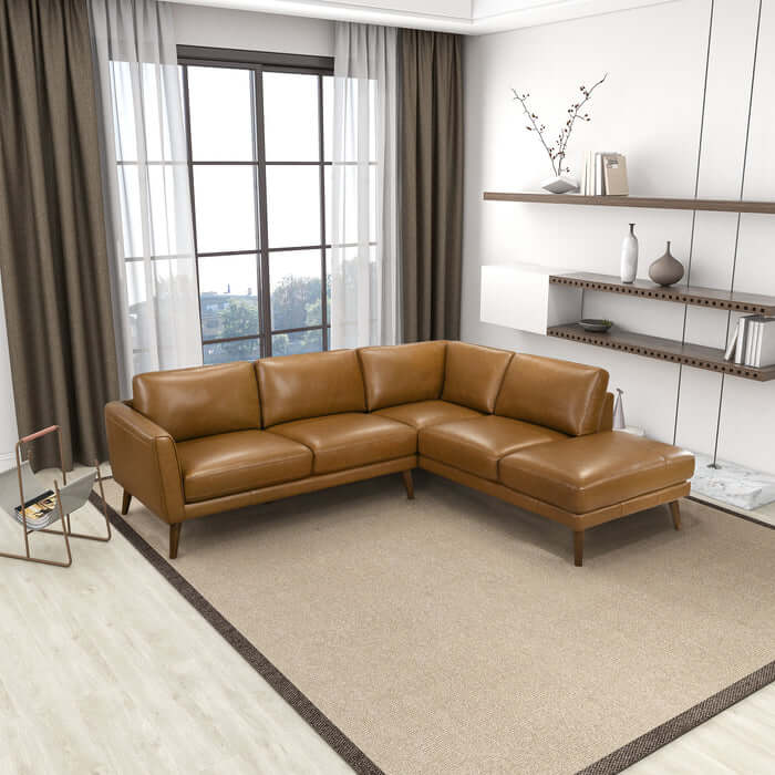 Leather Sectional Chaise Sofa L-Shape 97” – Benson Mid-Century Genuine Leather Sectional (2 Colors) in a modern living room.