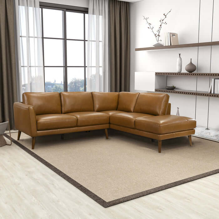Leather Sectional Chaise Sofa L-Shape 97” – Benson Mid-Century Genuine Leather Sectional (2 Colors) in a modern living room.