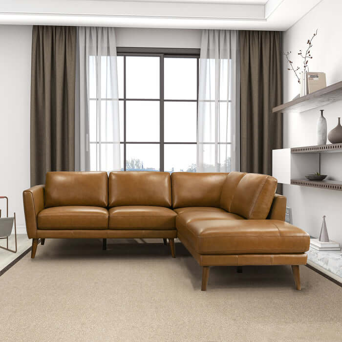 Leather Sectional Chaise Sofa L-Shape 97” – Benson Mid-Century Genuine Leather Sectional (2 Colors) in a stylish living room.