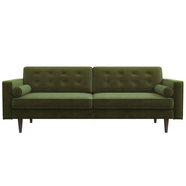 The Ashcroft Furniture Casey MCM Button Tufted Back Velvet Sofa 84 in olive green features a mid-century design, button-tufted velvet upholstery, two bolster pillows, and wooden legs, shown from the front on a white background.