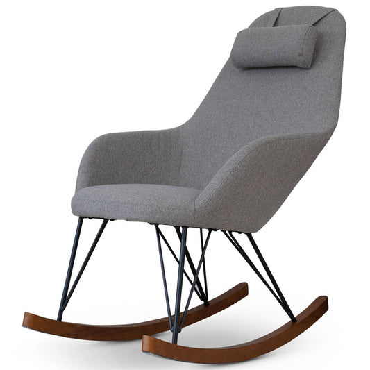 Chloe Velvet Rocking Chair – Mid-Century Modern Rocker (4 Colors) in grey upholstery with wood rockers.