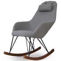 Chloe Velvet Rocking Chair – Mid-Century Modern Rocker (4 Colors) in grey upholstery with wood rockers.