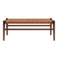 The Ashcroft Furniture Cody MCM Strapped Genuine Leather Bench 44 features a rectangular tan leather seat with woven straps and four straight legs, showcasing mid-century modern style against a white background.
