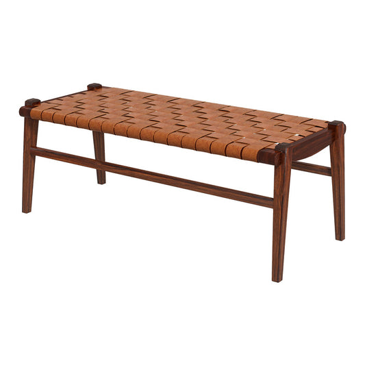 The Cody MCM Strapped Genuine Leather Bench 44 by Ashcroft Furniture features a woven tan leather seat and angled legs, offering a simple, modern design inspired by mid-century modern style.