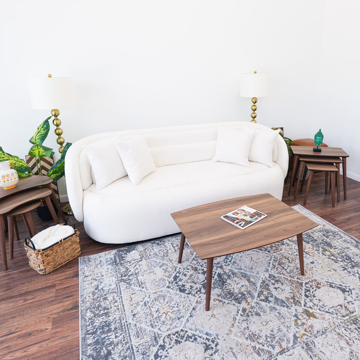 Deny MCM Solid Wood Walnut Coffee Table – 37” Rectangular Center Table (Mid-Century Modern) in a modern living room setting.
