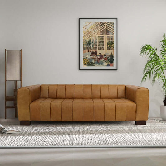 Dixon Channel Tufted Genuine Buffalo Leather Sofa 93"