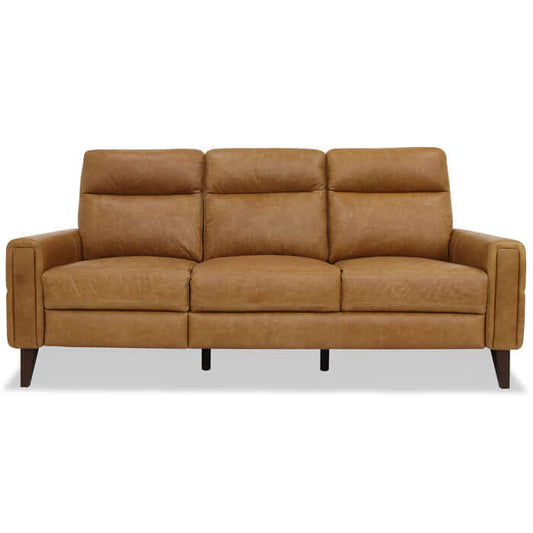 Genuine Leather Power Recliner Sofa 78" – Elliot MCM Leather Reclining Couch (Tan or Cream) in a stylish tan finish.