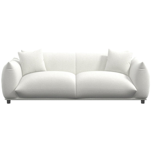 The Emma Boho Cream Boucle Upholstered Sofa 89 by Ashcroft Furniture features plush cream fabric, rounded edges, and two matching pillows, offering modern Bohemian style for any room.