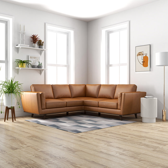 Erman MCM Genuine Leather Corner Sofa Sectional 89" – Mid-Century Modern Leather Sectional in a stylish living room setting.
