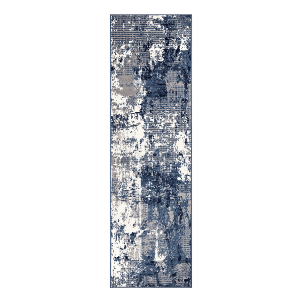 Blue Abstract Power Loom Runner Rug featuring a modern design with shades of blue and gray, ideal for hallways or entryways.