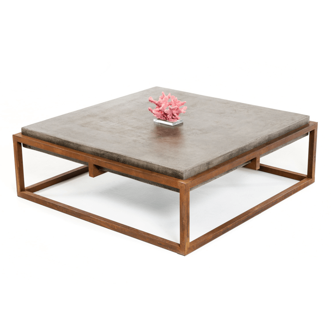 Square Concrete Coffee Table 44" – Industrial Metal Frame Coffee Table with a coral centerpiece on a sleek design.