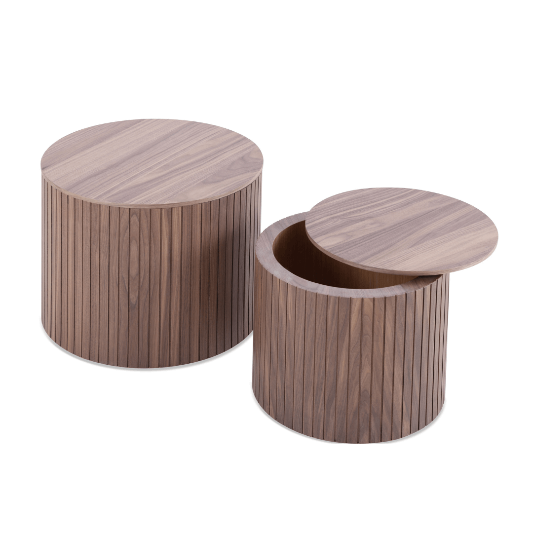 Handcrafted MDF Round Accent Table Set (2-Piece) – Nesting Side Tables with Storage (2 Colors) displayed together.