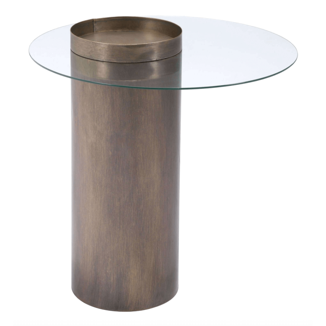 Emi Bronze Cylindrical Base & Round Glass Top End Accent Table 24" - Revel Sofa 