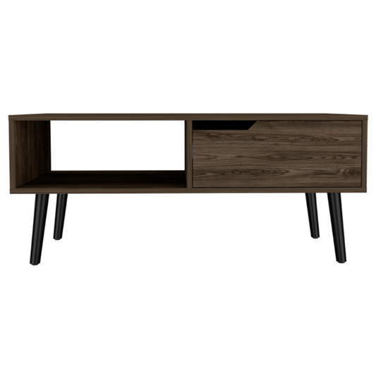 Oslo MCM Wood Coffee Table, 1 Drawer, 1 Shelf in Dark Walnut - Revel Sofa