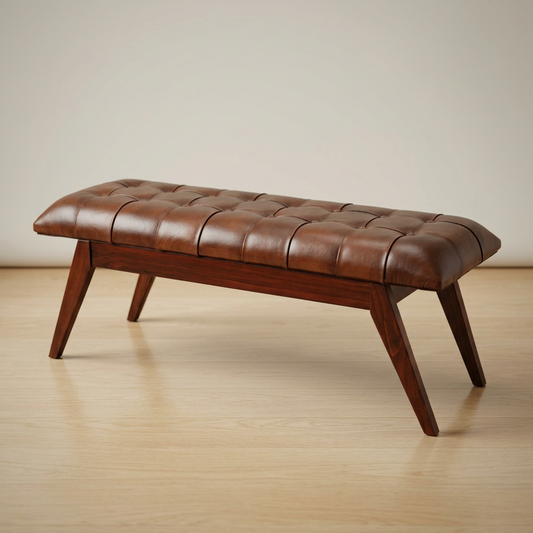 Maja Button Tufted Leather Bench 55"