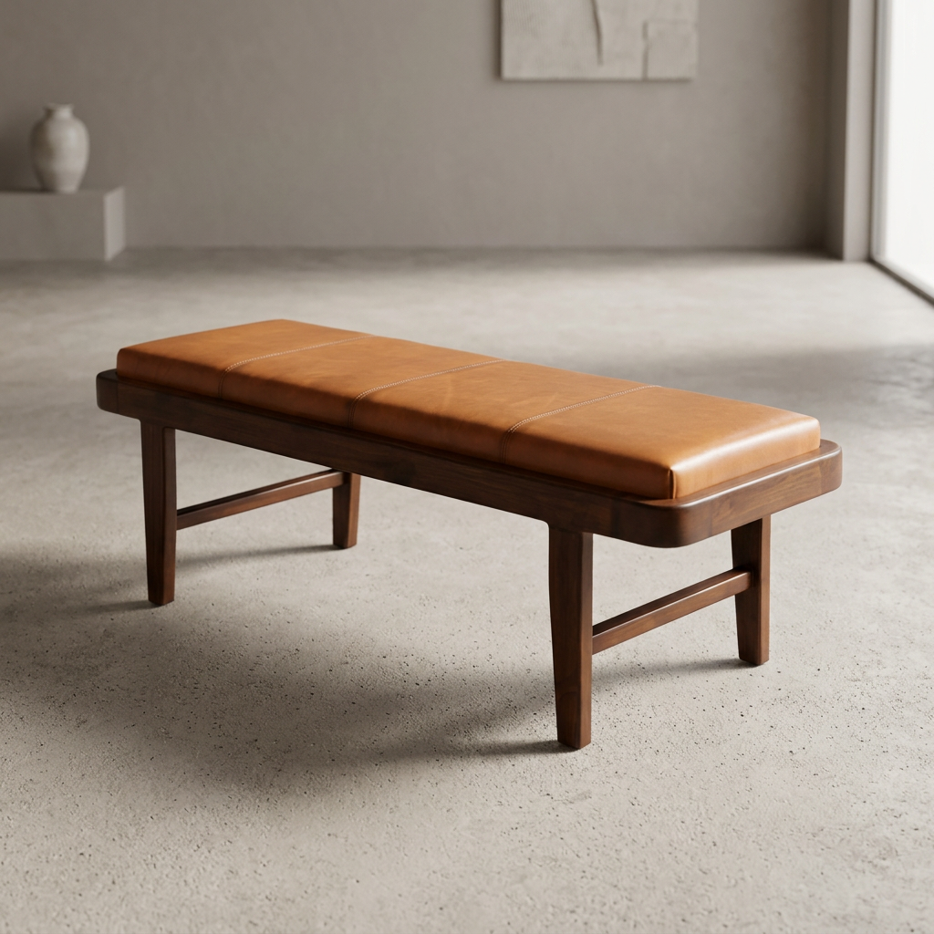 Maddox 47" Genuine Leather Bench with Solid Wood Frame | Mid-Century Modern Entryway Bench