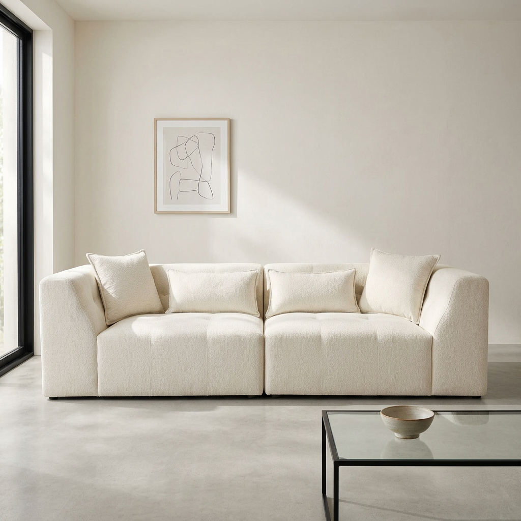 Jefferson 98" Modern Beige Chenille Sofa with Tuxedo Arms & Accent Pillows
