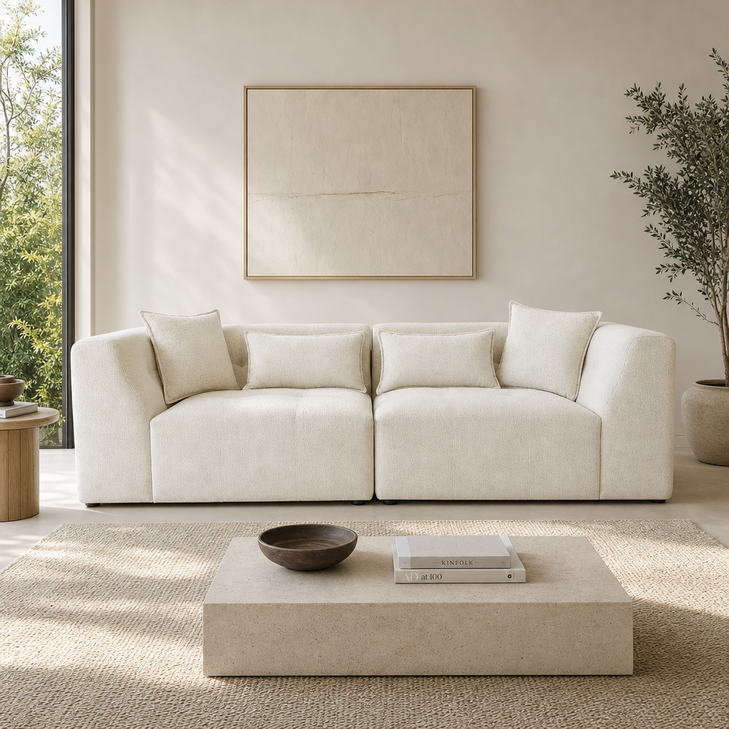 Jefferson 98" Modern Beige Chenille Sofa with Tuxedo Arms & Accent Pillows