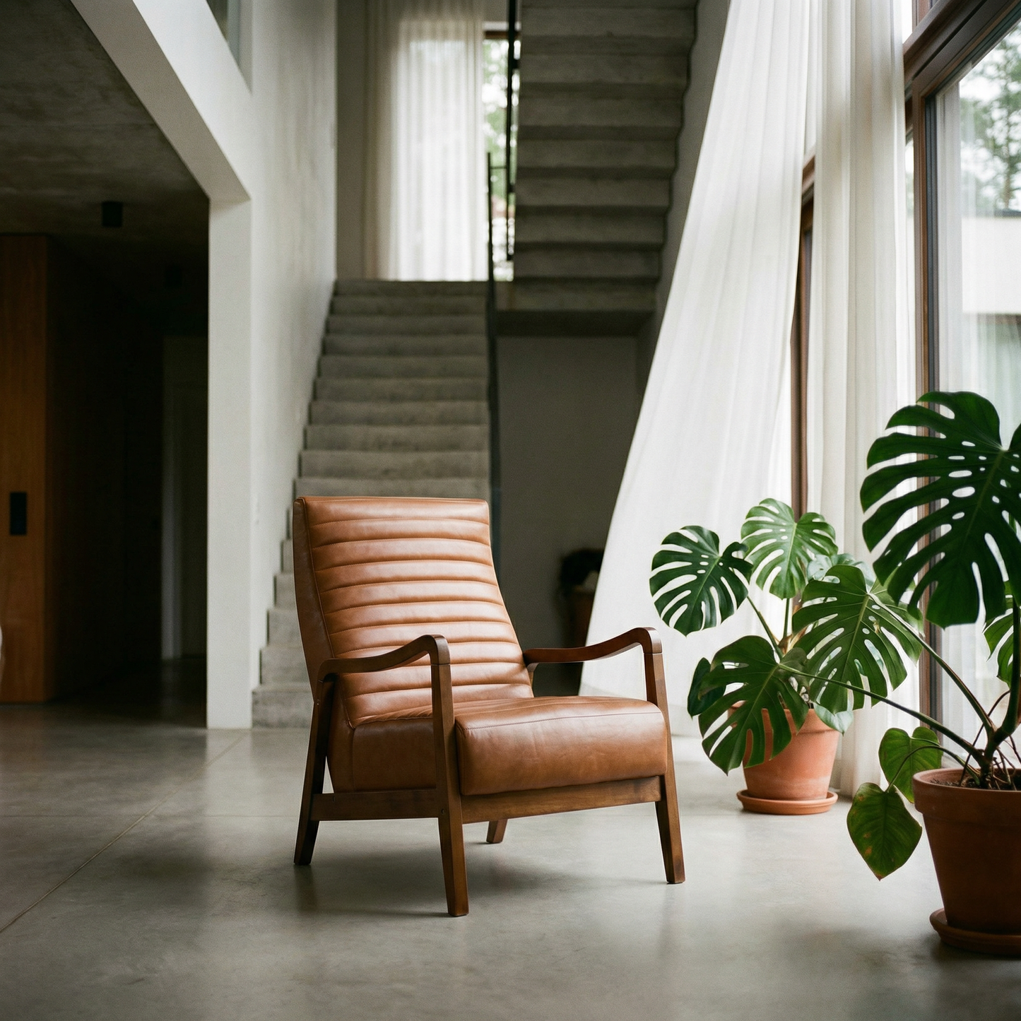 Mid-Century Tufted Faux Leather Accent Armchair – Walnut Wood Frame Chair