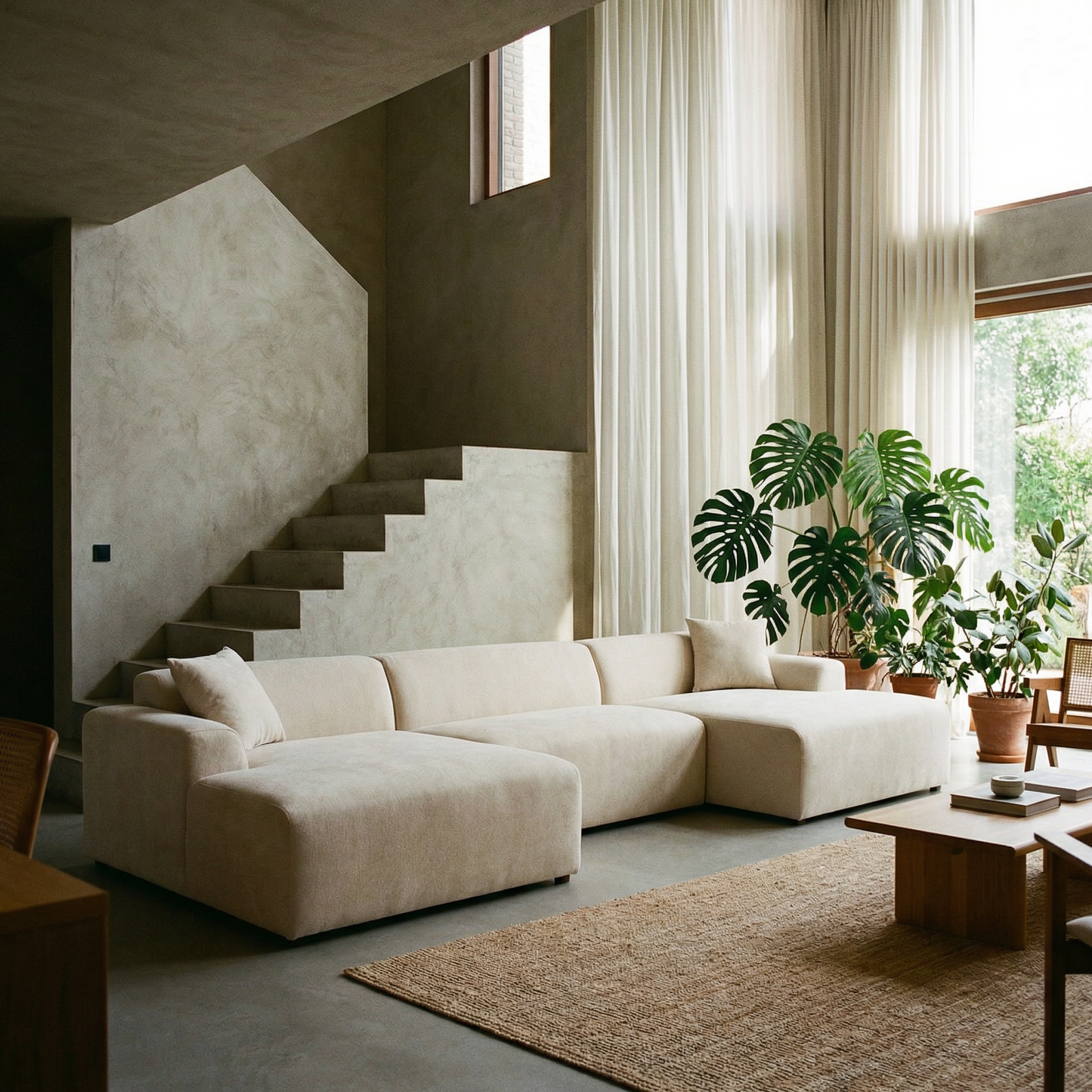Mar Corduroy U-Shape Dual Chaise Sectional Sofa 149" – Modern Cream Oversized Sectional Sofa