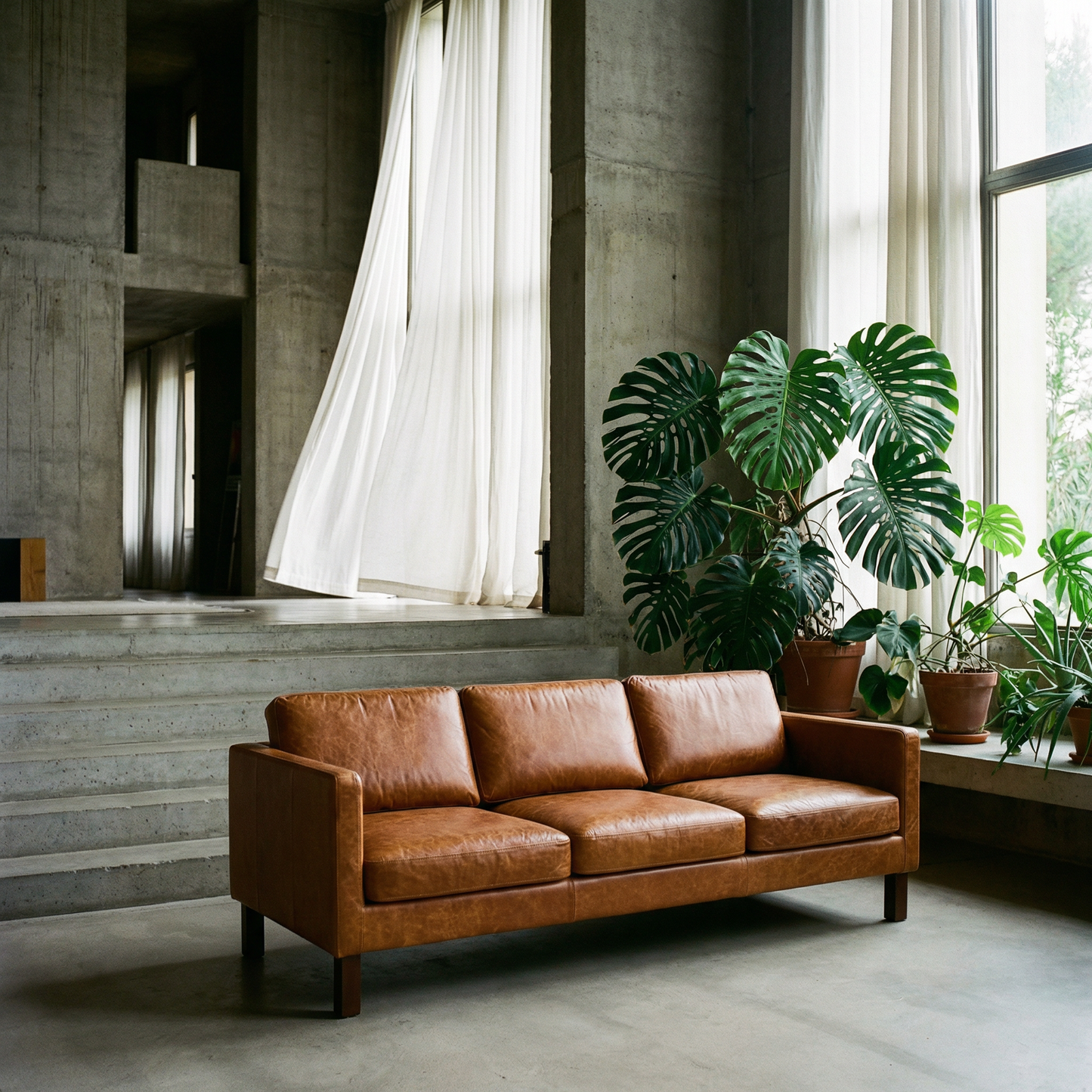 Modern Cognac Buffalo Leather Sofa 83" – Memphis MCM Square Arm Leather Couch
