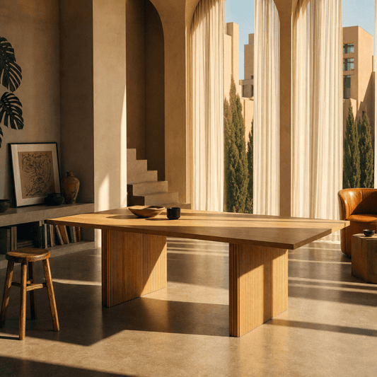 Einar Rubber Wood Natural Finish Dining Table 94"L in a sunlit modern dining space with large windows.