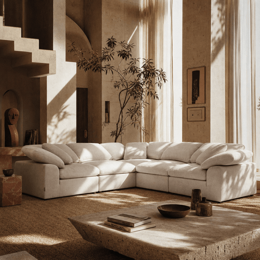 Naveen Ivory Linen Modular Cloud Sectional – Contemporary Deep Seating Sofa (3 Sizes) in modern living room setup.