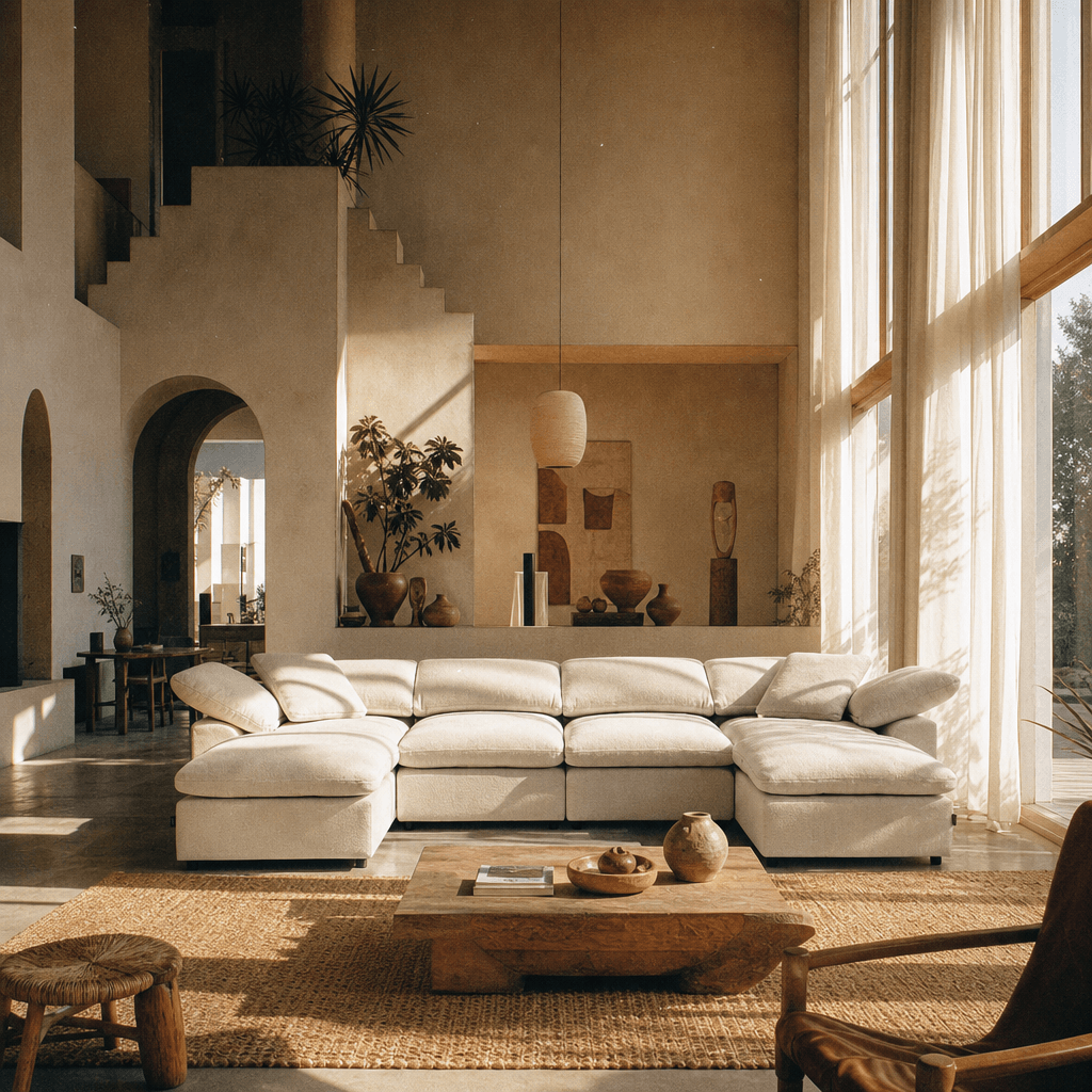 Naveen Ivory Linen Modular Cloud Sectional – Contemporary Deep Seating Sofa (3 Sizes) in a modern living room