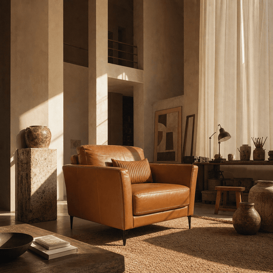 Tussio Saddle Tan Leather Chair – Italian Modern Accent Chair with Pillow in a stylish living room setting.