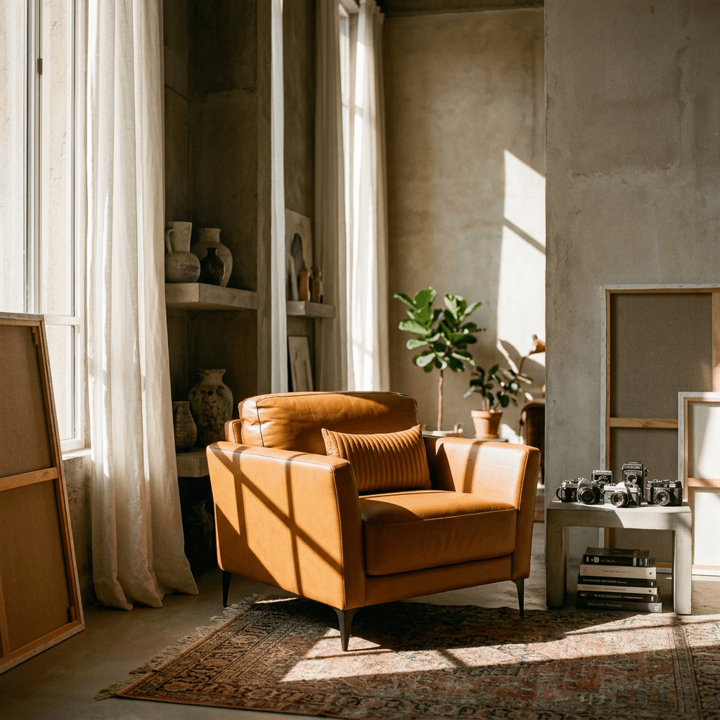 Tussio Saddle Tan Leather Chair – Italian Modern Accent Chair with Pillow in a sunlit room with plants.