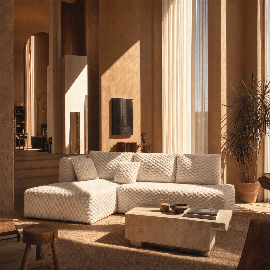 Manya Ivory Corduroy Sectional Sofa – 97” L-Shape Chaise Sofa with Pillows in a stylish living room setting.