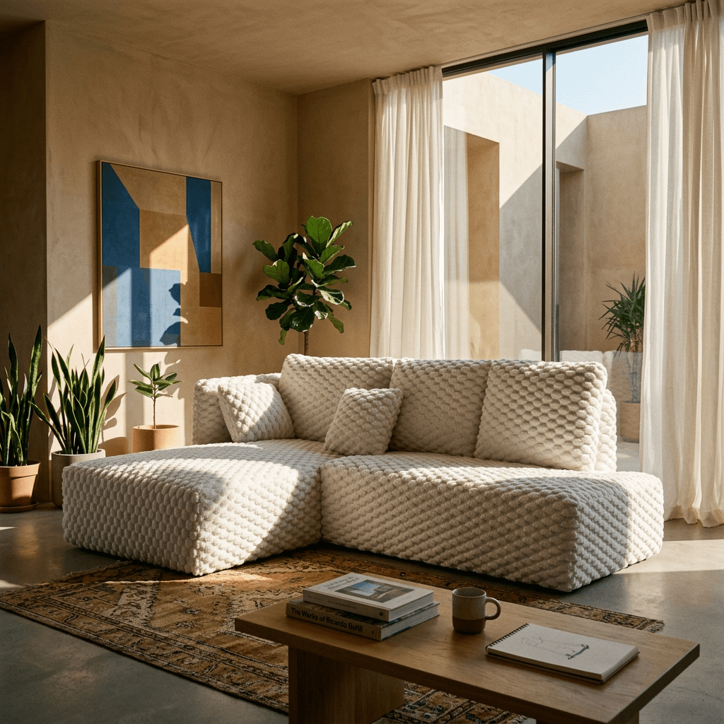 Manya Ivory Corduroy Sectional Sofa – 97” L-Shape Chaise Sofa with Pillows in a stylish living room.