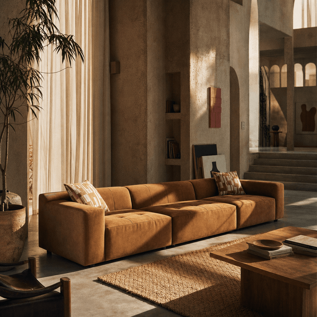 Contemporary Modular Suede Sofa – 144” Chocolate Sectional with Pillows in a modern living room setting.