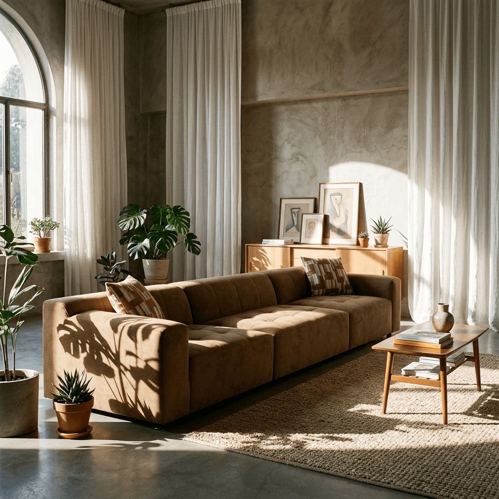 Contemporary Modular Suede Sofa – 144” Chocolate Sectional with Pillows in a stylish living room setting.