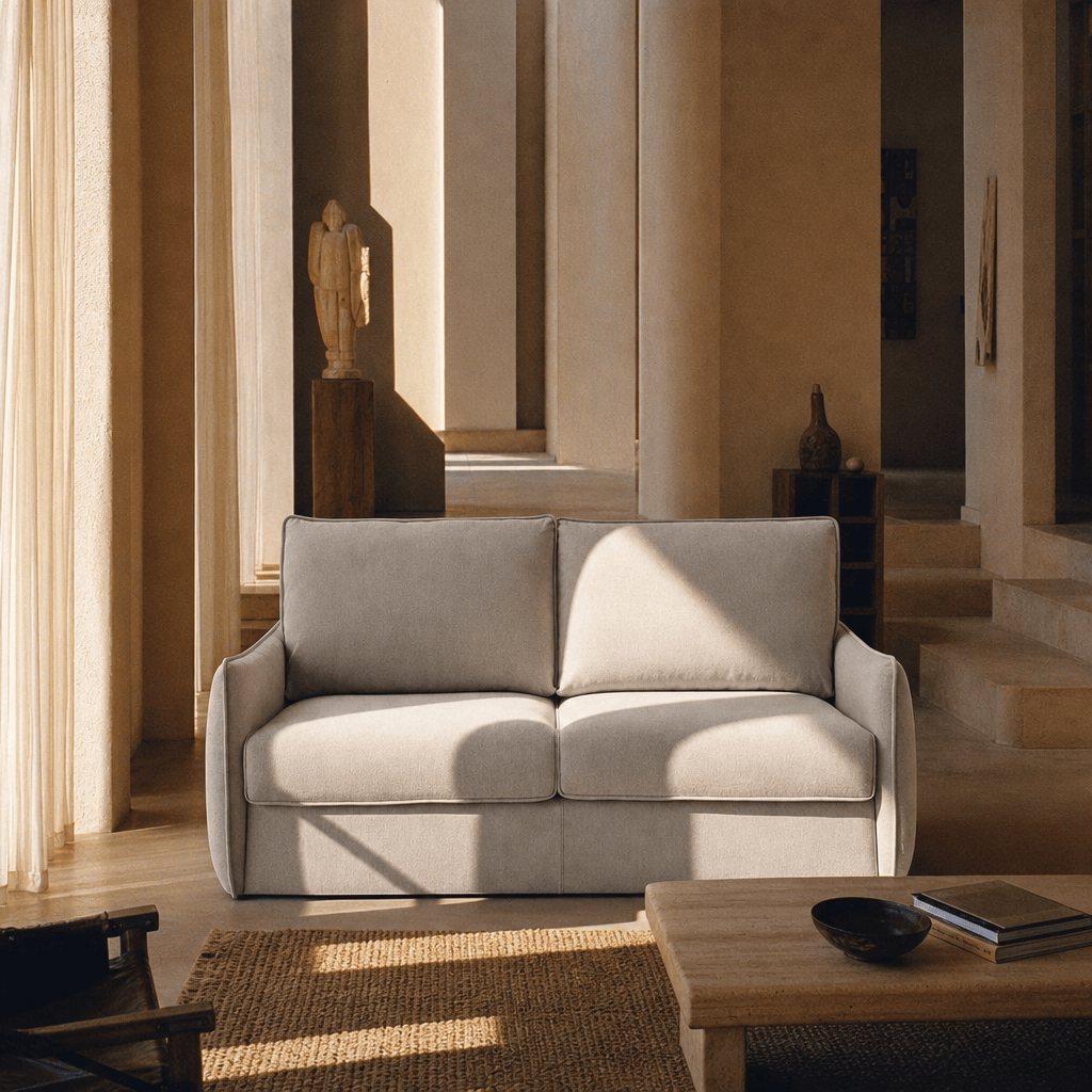 Jinn Beige Chenille Sleeper Sofa – 81” Convertible Sofa Bed with Memory Foam in a stylish living room setting.