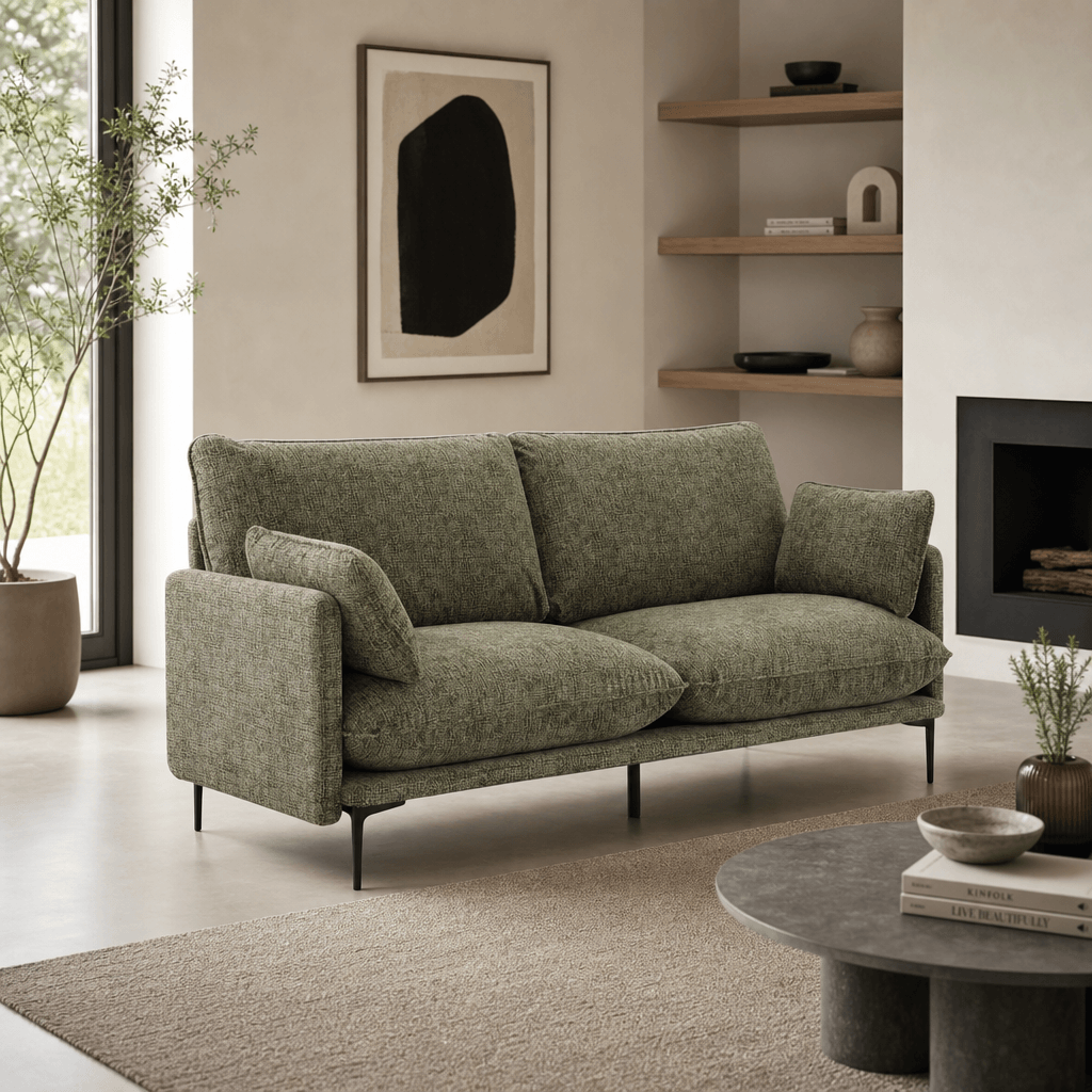 Dalton Green Fabric Loveseat – 75” Modern 2-Seat Sofa with Tufting & Pillows in a stylish living room setting.