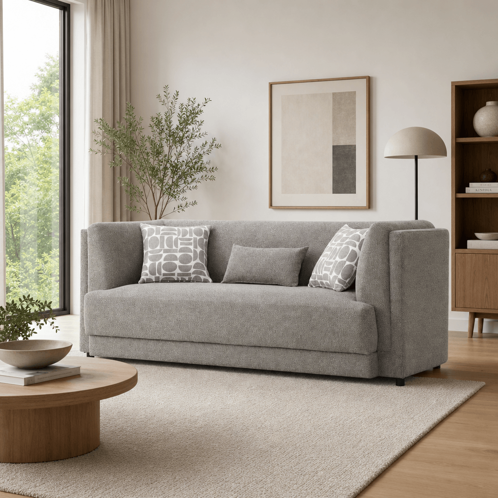 Glenda Gray Chenille Sofa – 87” Modern 3-Seat Sofa with Pillows in a stylish living room setting.