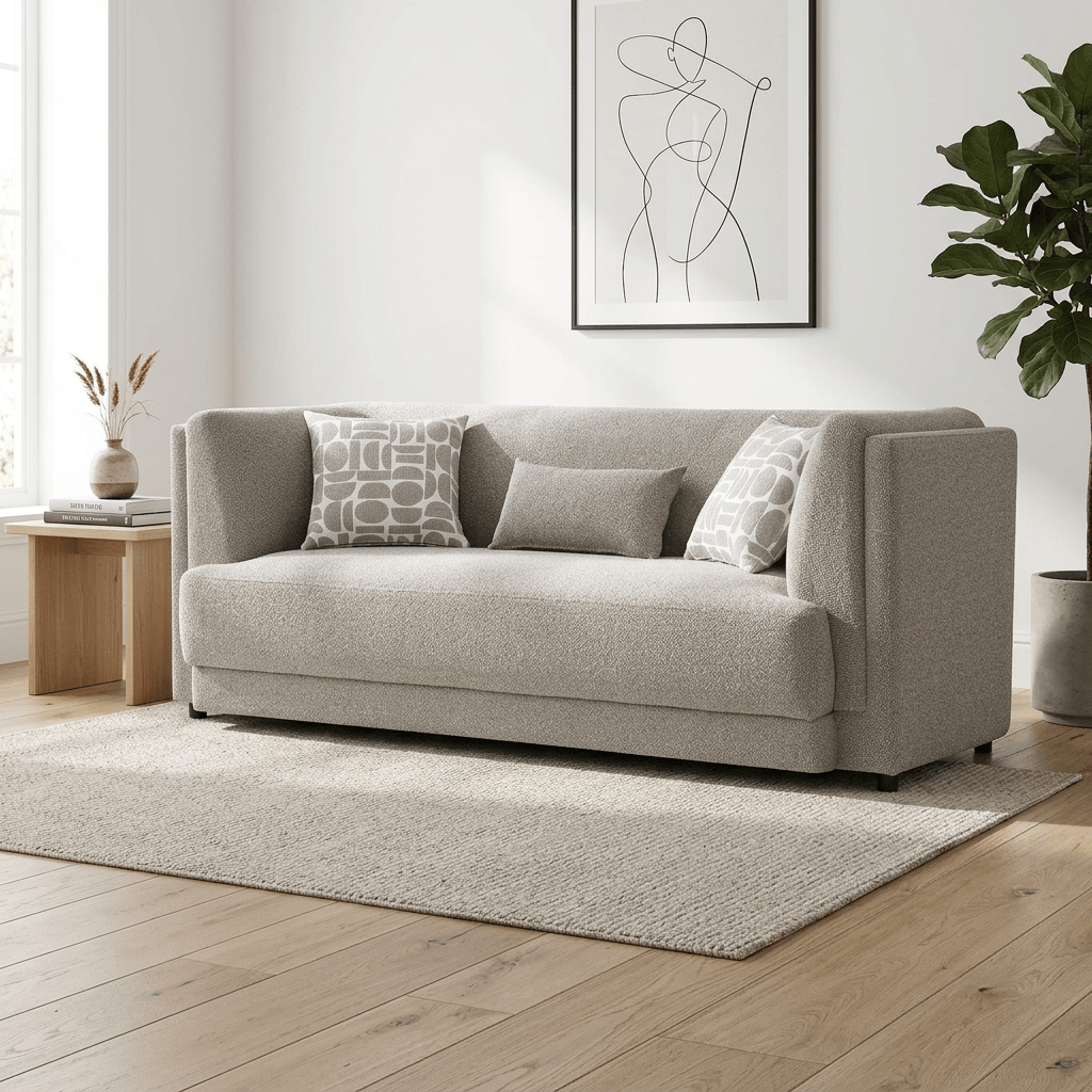 Glenda Gray Chenille Sofa – 87” Modern 3-Seat Sofa with Pillows in soft beige texture.