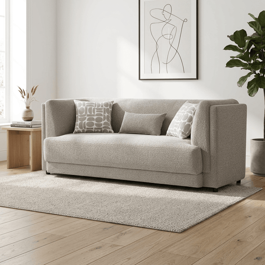 Glenda Gray Chenille Sofa – 87” Modern 3-Seat Sofa with Pillows in soft beige texture.