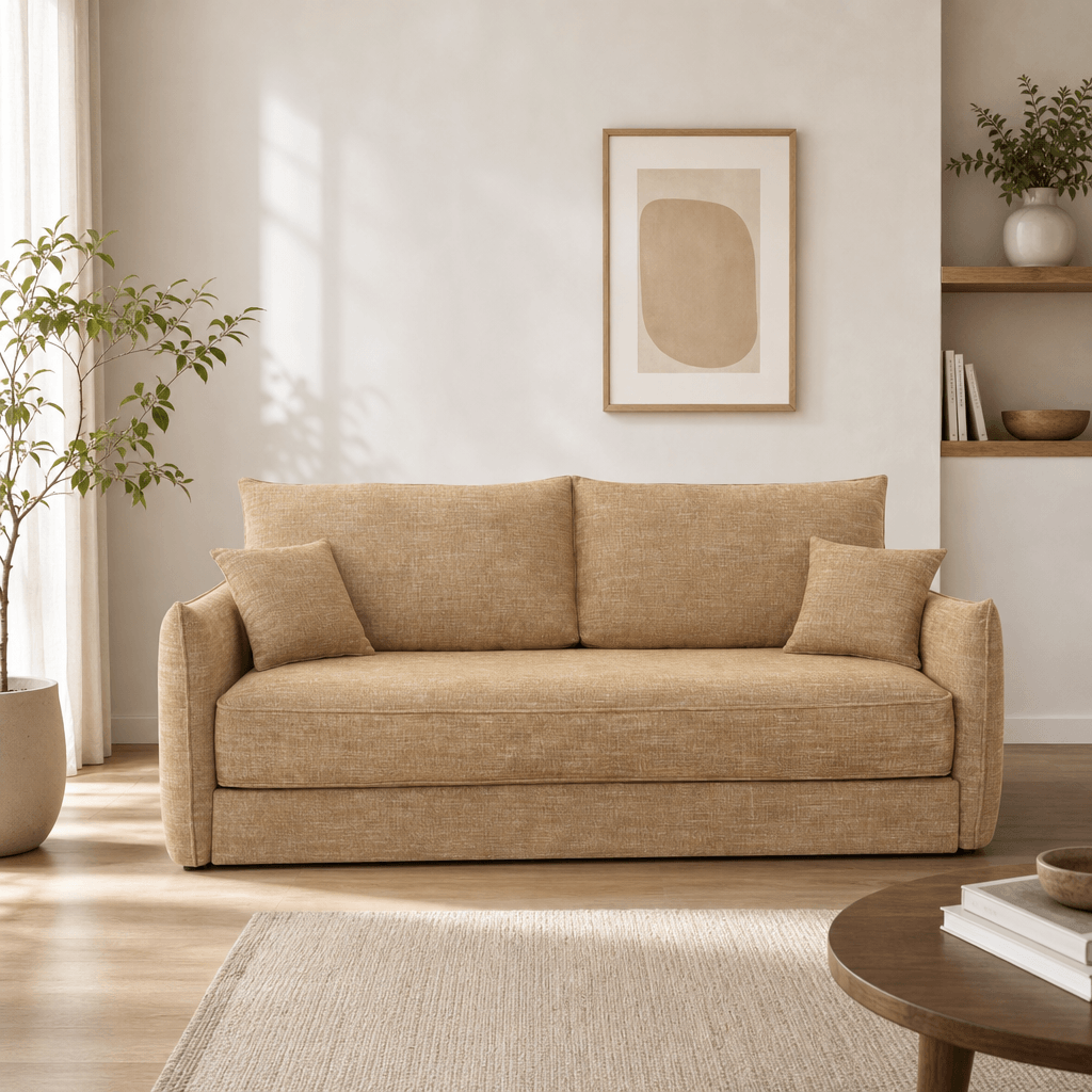 Cadie Mocha Chenille Sleeper Sofa – 84” Convertible Sofa Bed with 2 Pillows in a modern living room setting.