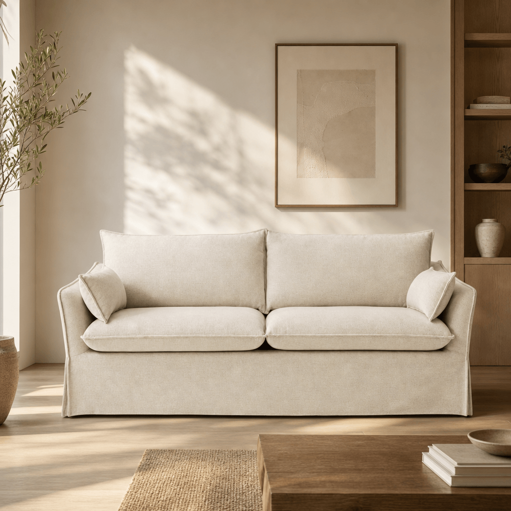 Shane Beige Linen Sofa – 82” Slipcovered Sofa with Pocket Coil Seating & 2 Pillows in a modern living room setting.