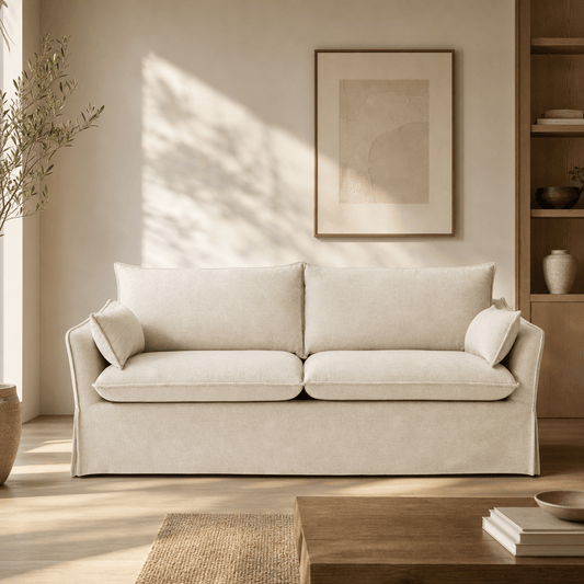 Shane Beige Linen Sofa – 82” Slipcovered Sofa with Pocket Coil Seating & 2 Pillows in a modern living room setting.