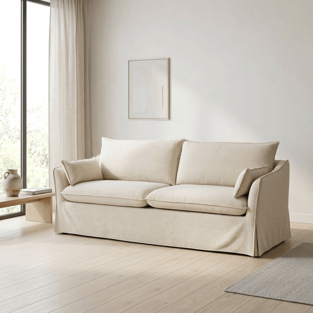 Shane Beige Linen Sofa – 82” Slipcovered Sofa with Pocket Coil Seating & 2 Pillows in a modern living room setting.