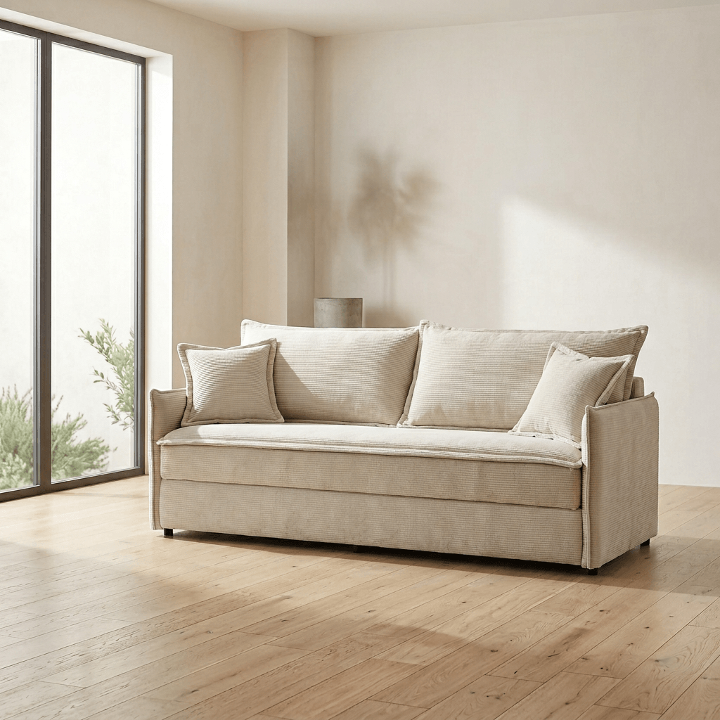 Elisea Fabric Sleeper Sectional – 81” Beige Pull-Out Sofa Bed with Storage in modern living room setting.