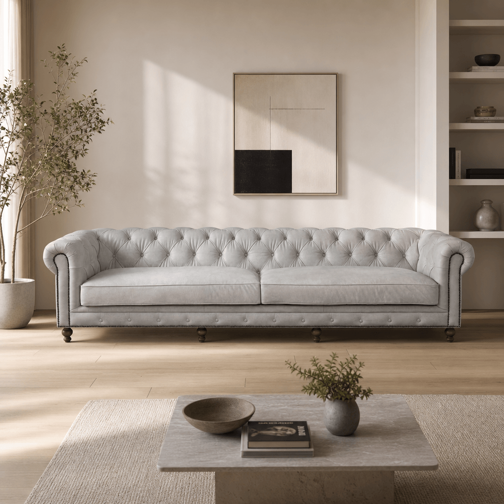Ofer Vintage Top-Grain Leather Sofa – 122” Antique White Tufted Sofa with Nailhead Trim in a modern living room setting.
